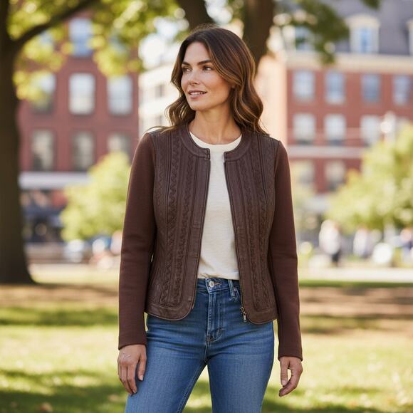Vintage Peter Nygard Neutral Brown Zip Up Knit Leather Jacket Petite 4-6 - Picture 1 of 8